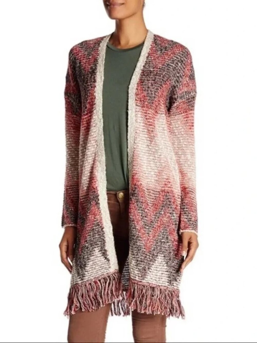 Lucky Brand Fringe Long Cardigan Women Small Wool Blend Open Front Duster